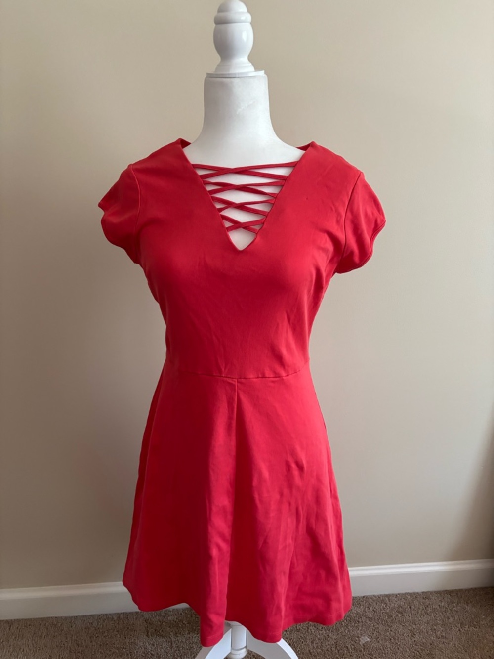 New York & Company Coral Crisscross V-Neck Fit & Flare Dress